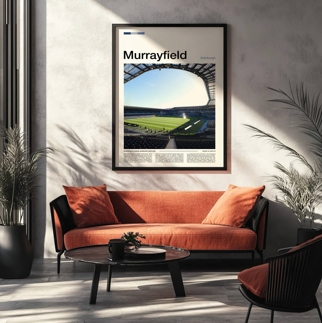 Murrayfield Stadium Print framed on the wall of a modern living room