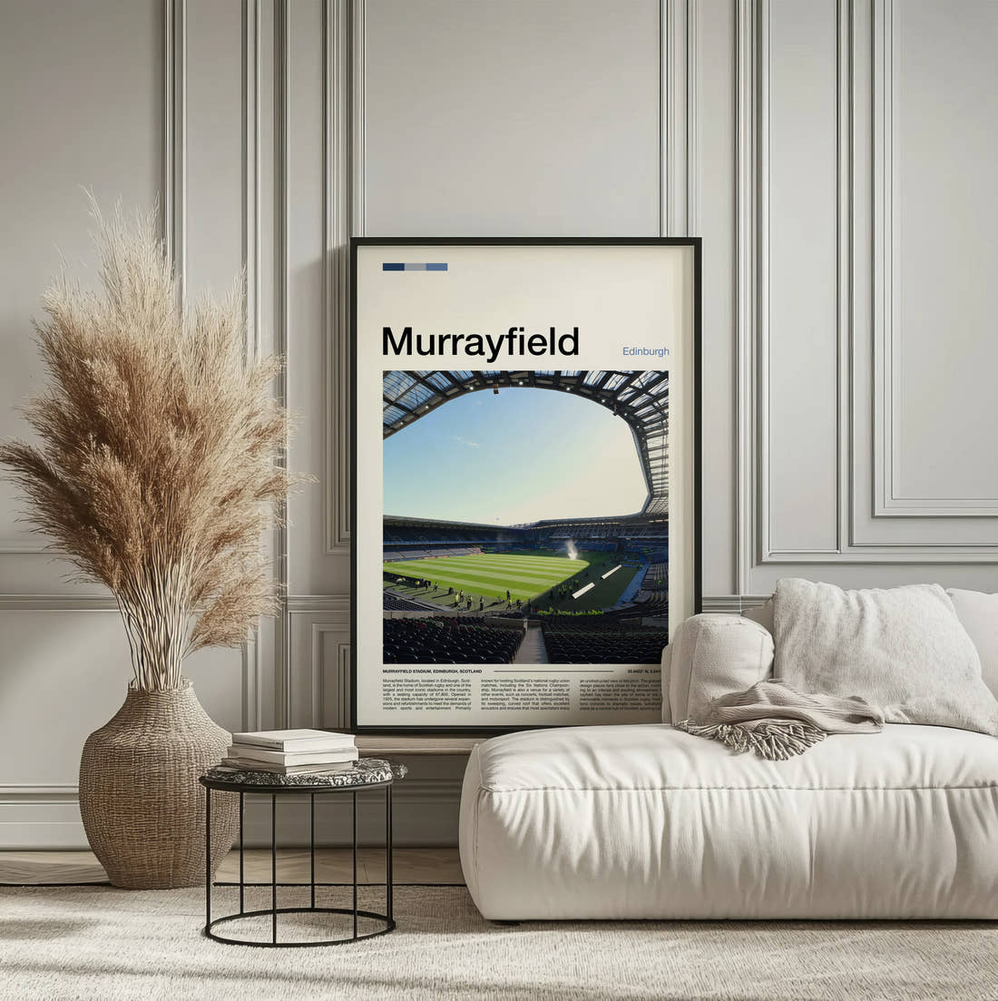 Murrayfield Stadium Print framed on the wall of a calm, neutral bedroom