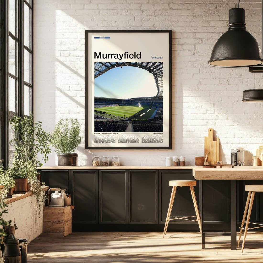 Murrayfield Stadium Print framed on the wall of a bright kitchen and dining space
