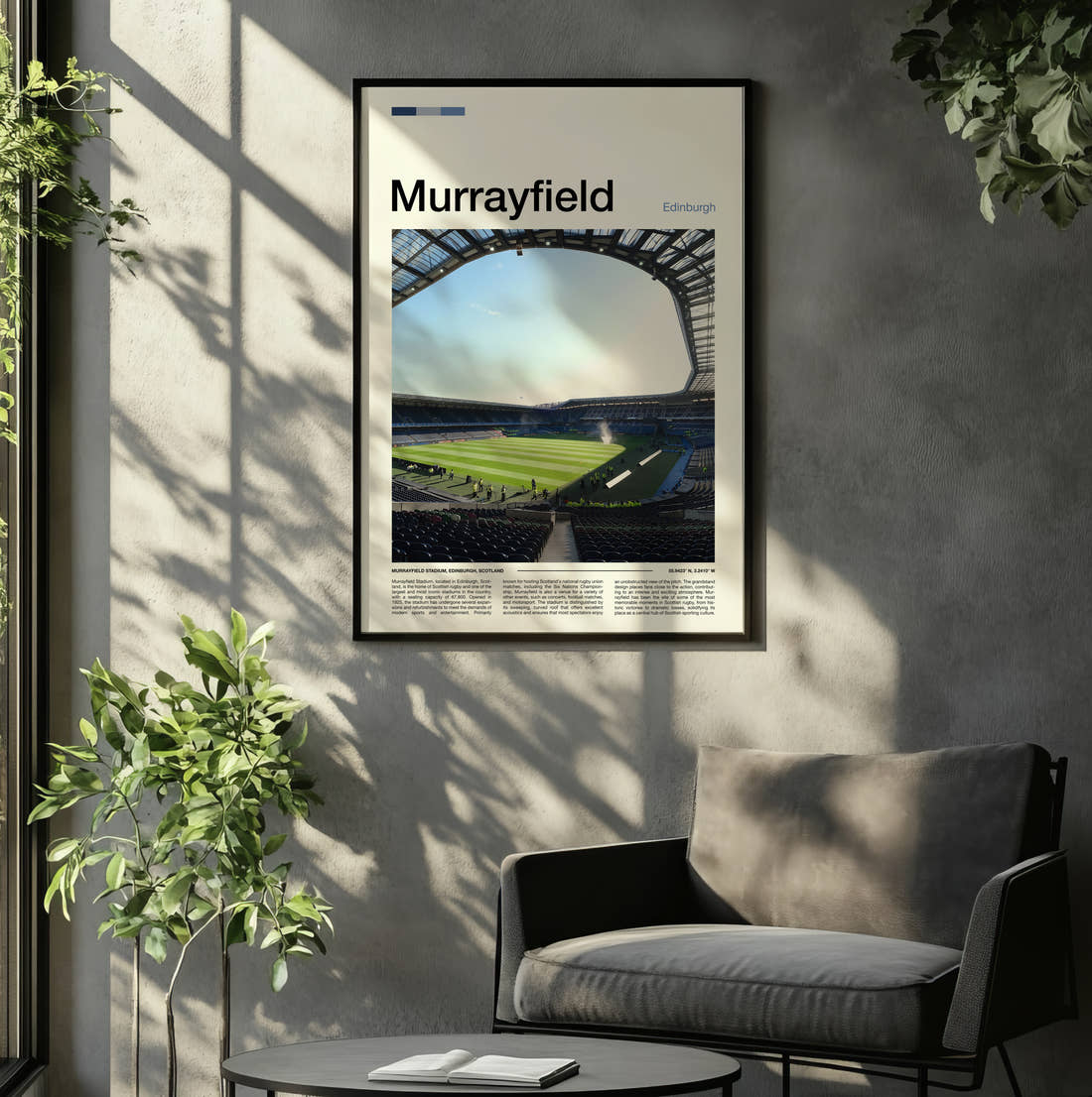 Murrayfield Stadium Print framed on the wall of a relaxed living room