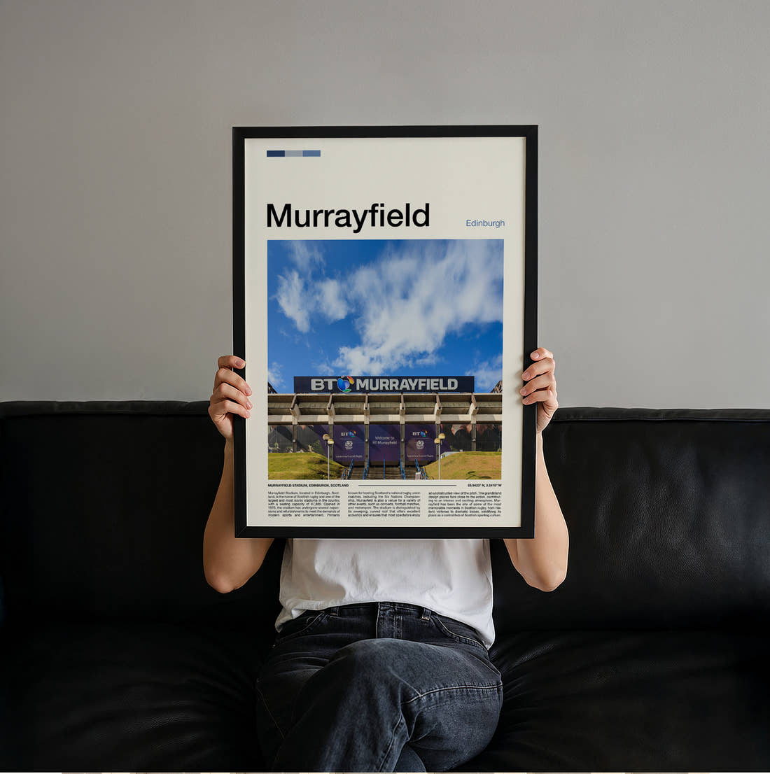 Murrayfield Stadium Print held up by hand to show the size of the print