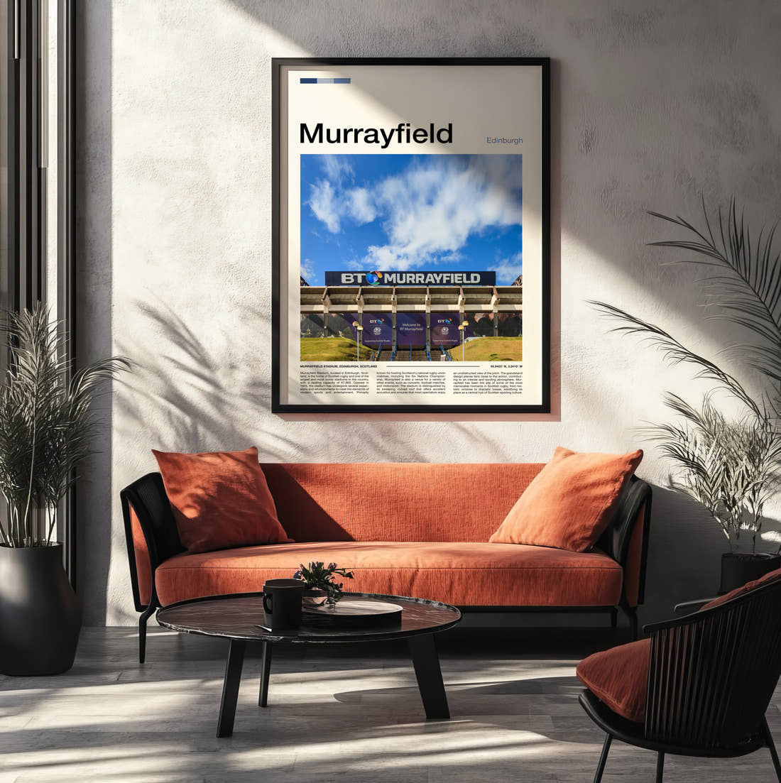Murrayfield Stadium Print framed on the wall of a modern living room