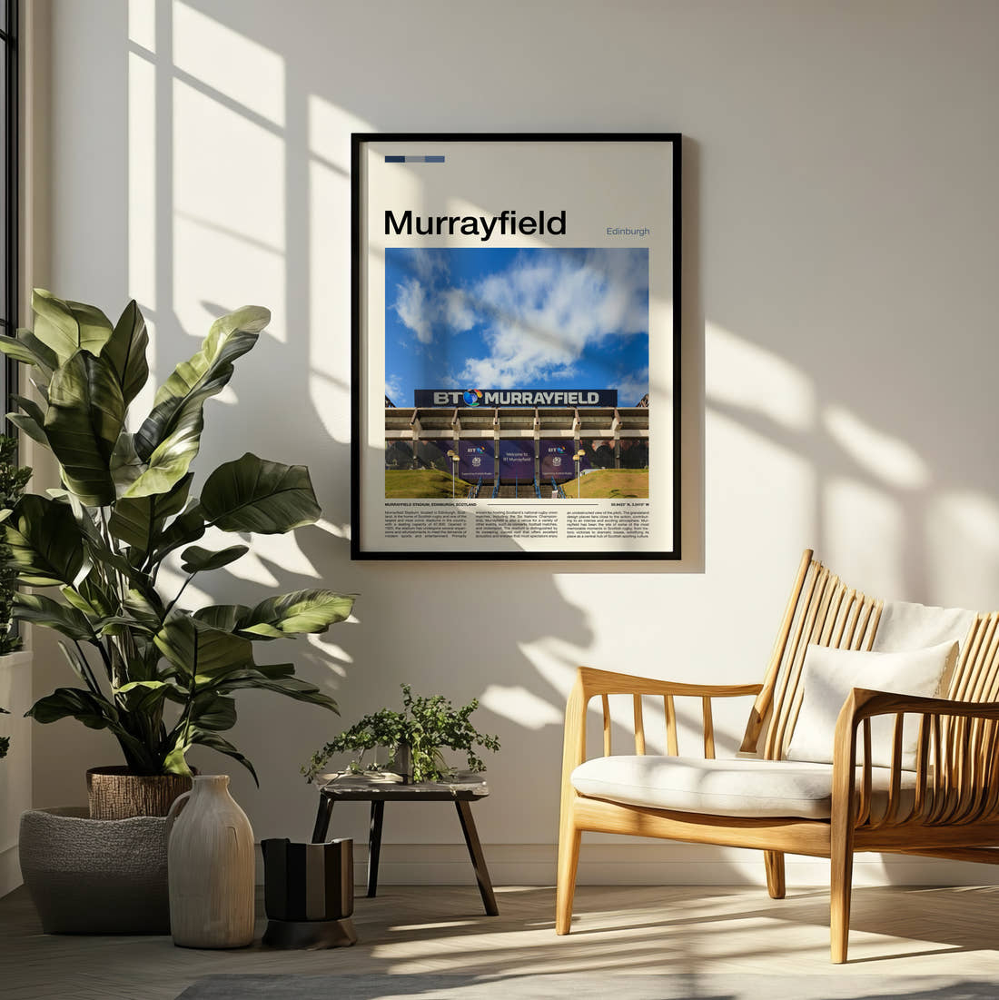 Murrayfield Stadium Print framed on a pale wall beside houseplants