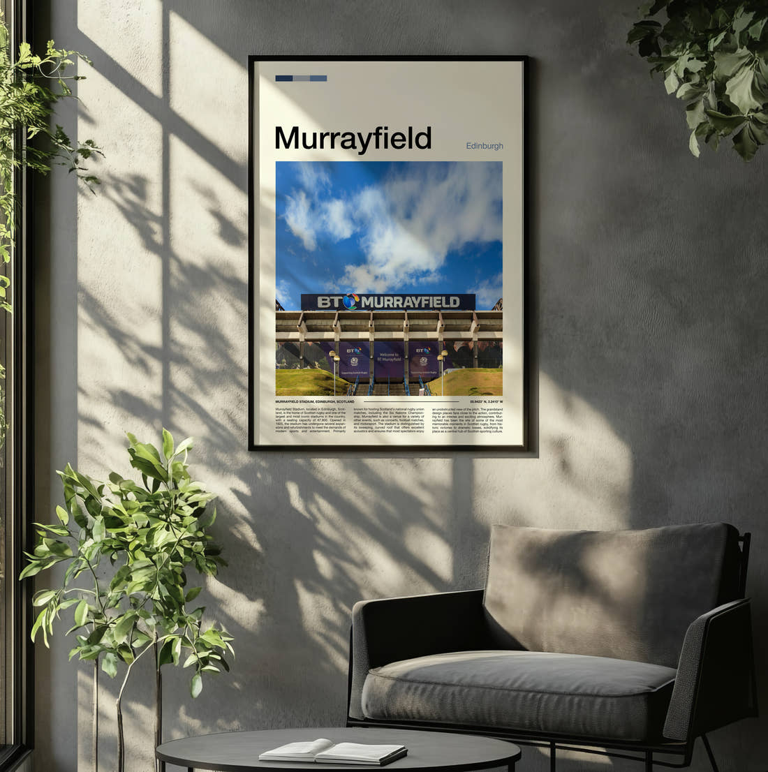Murrayfield Stadium Print framed on the wall of a relaxed living room