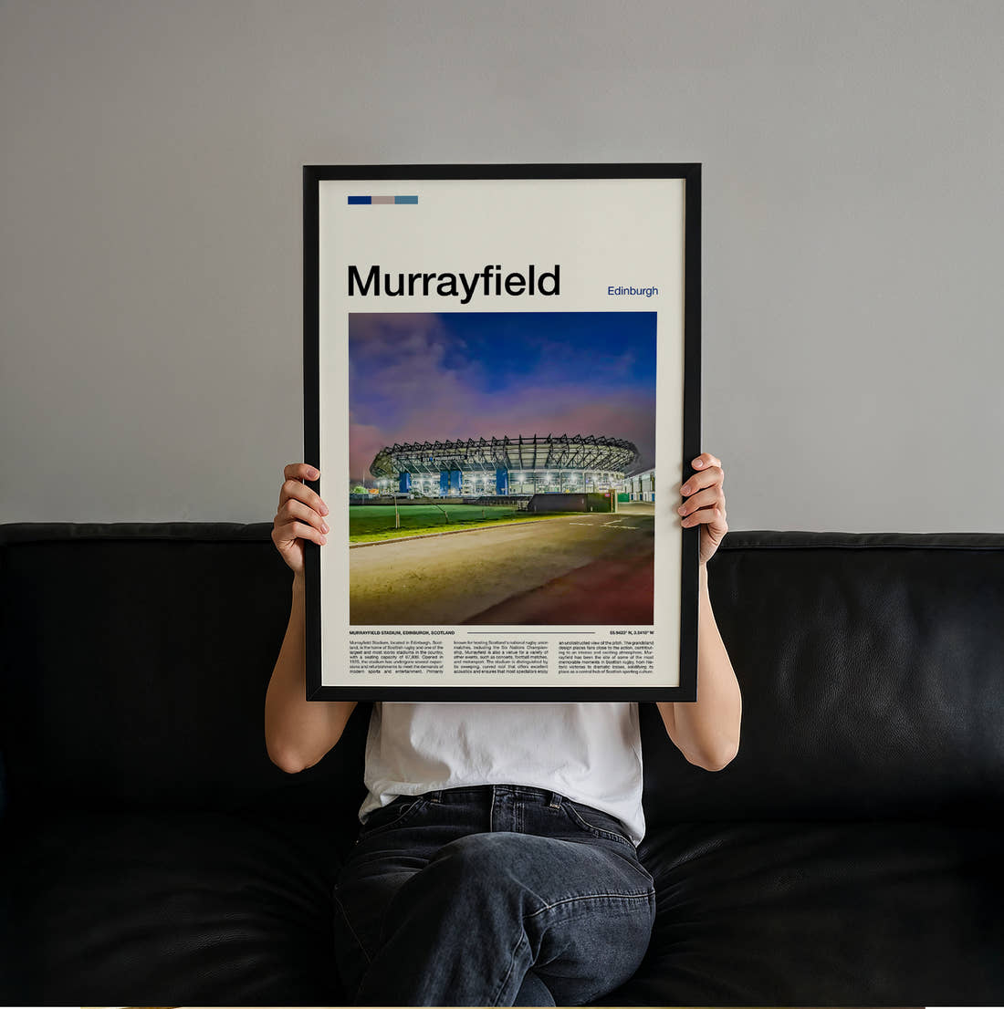 Murrayfield Stadium Print held up by hand to show the size of the print