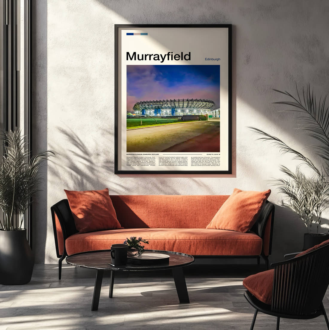 Murrayfield Stadium Print framed on the wall of a modern living room