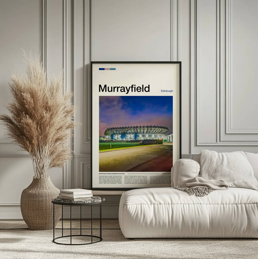 Murrayfield Stadium Print framed on the wall of a calm, neutral bedroom