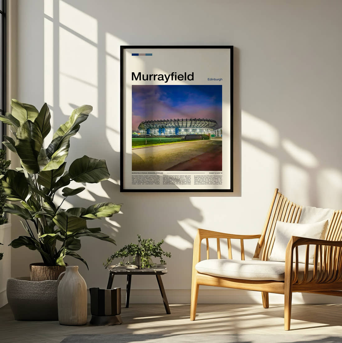 Murrayfield Stadium Print framed on a pale wall beside houseplants