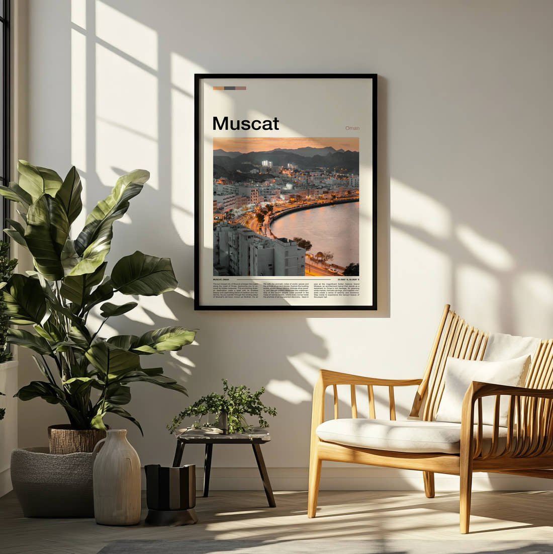 Muscat Coastal Bay At Dusk Travel Print framed on a pale wall beside houseplants