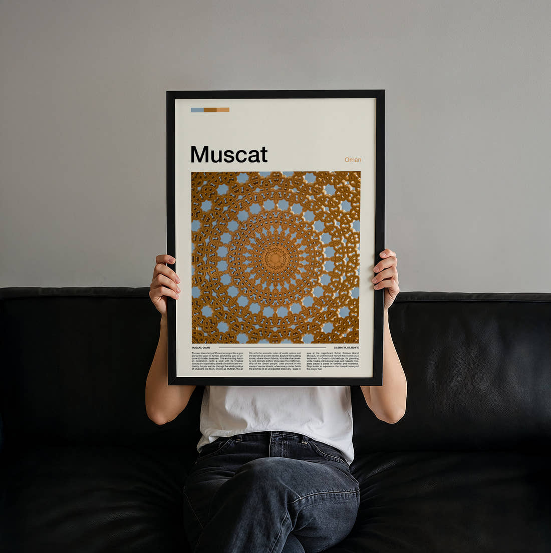 Muscat Ornate Ceiling Pattern Travel Print held up by hand to show the size of the print