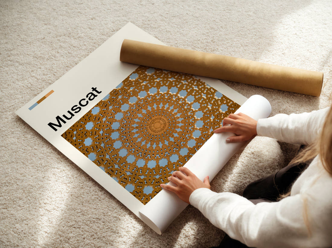 Muscat Ornate Ceiling Pattern Travel Print being unrolled from its postal tube