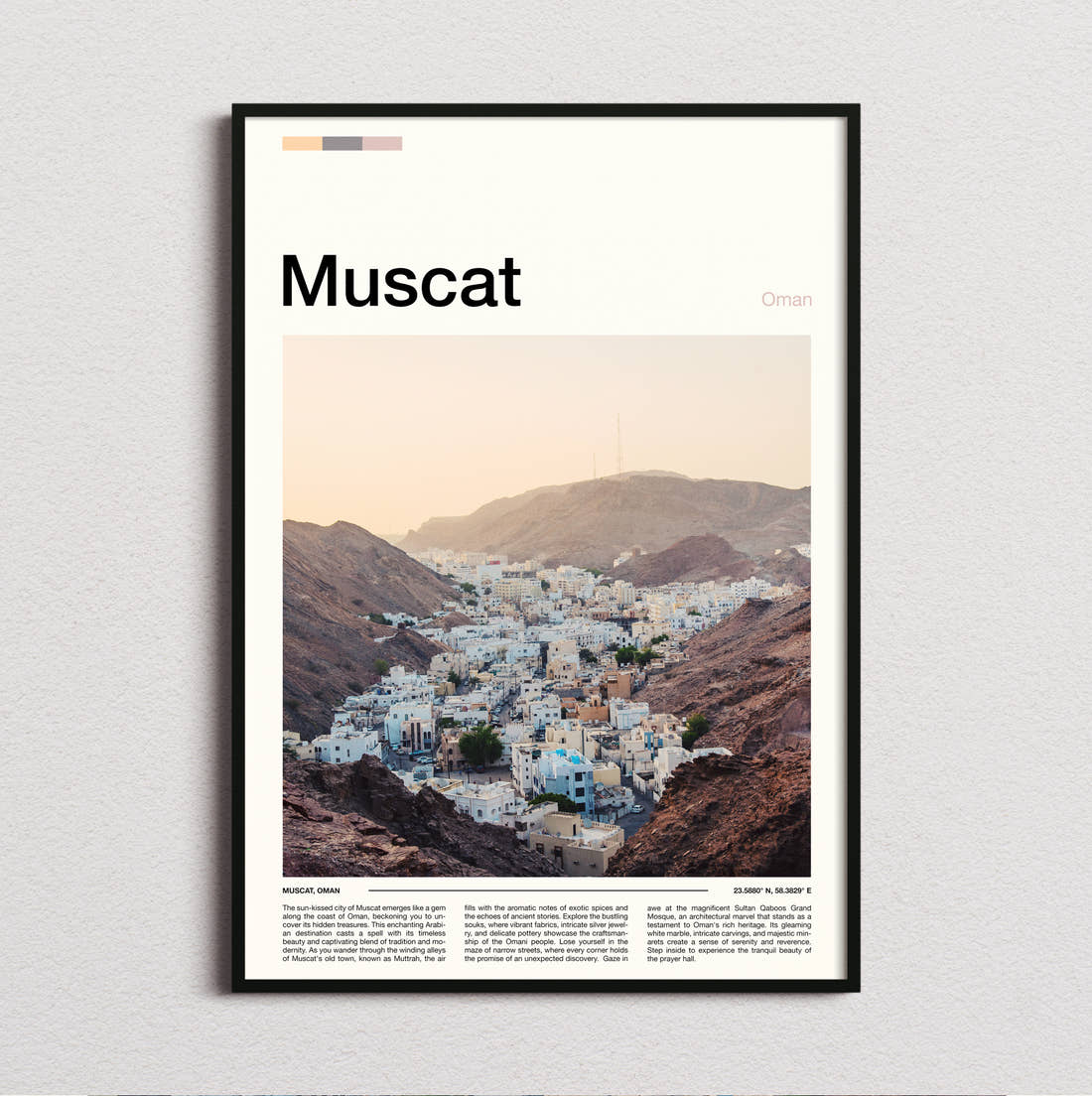 Muscat White Town Among Mountains Travel Print framed and photographed straight on