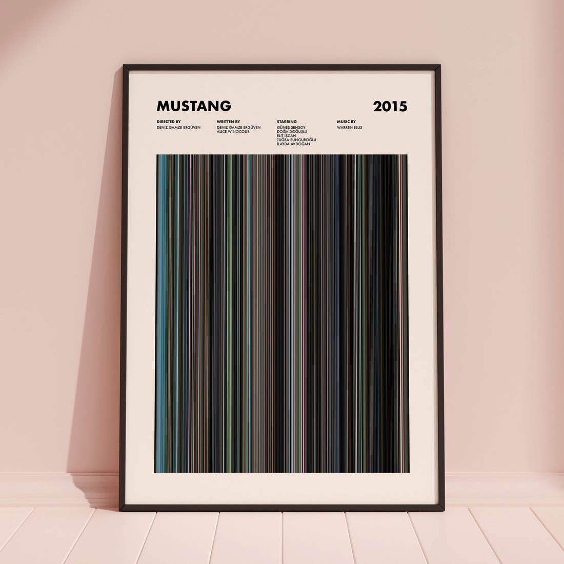 Mustang Movie Barcode Poster framed and leaning against a coloured wall