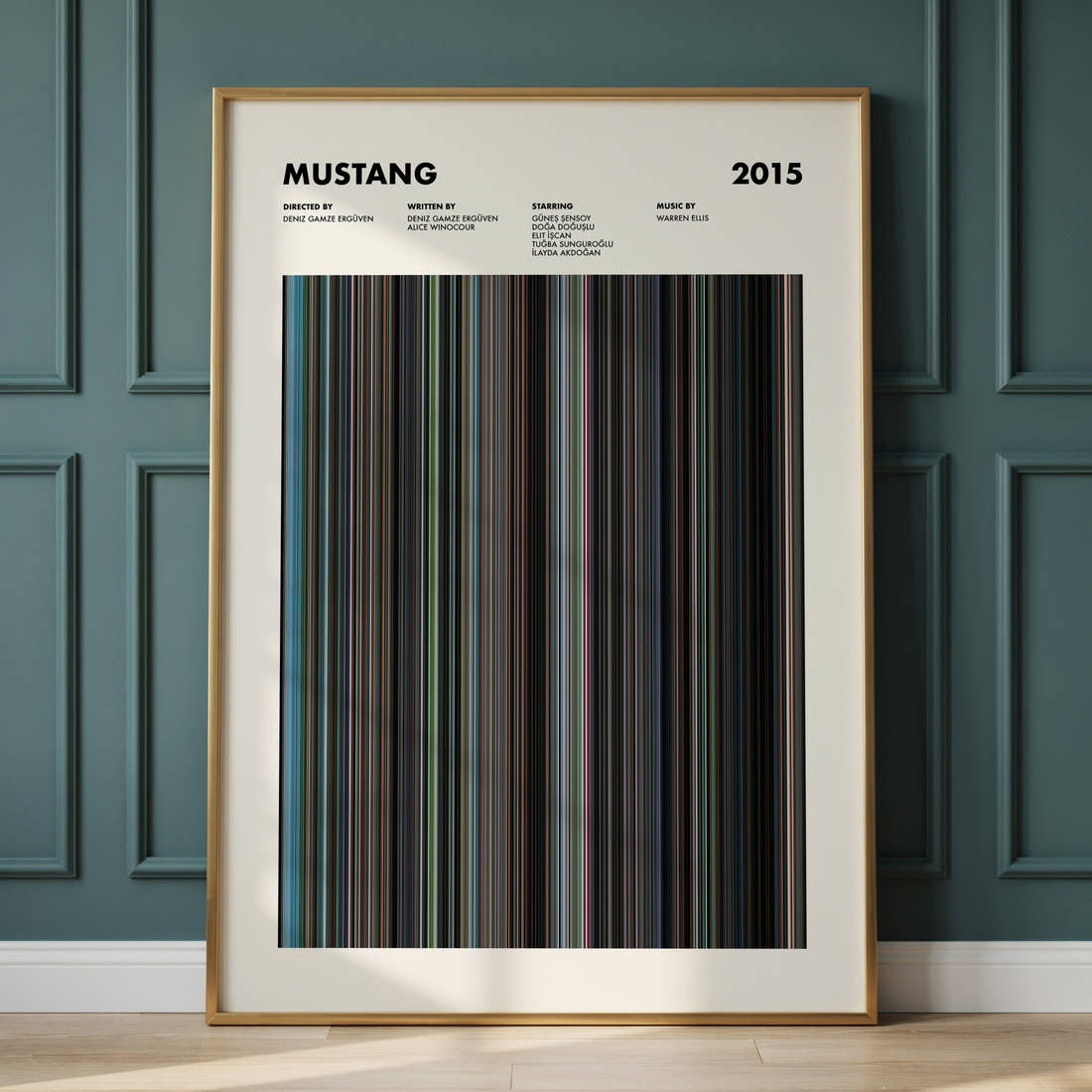 Mustang Movie Barcode Poster framed and leaning against a panelled wall