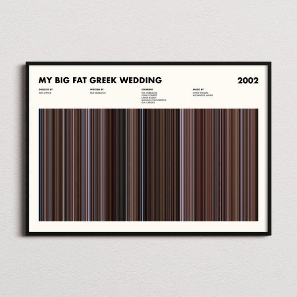 My Big Fat Greek Wedding Movie Barcode Poster framed and photographed straight on