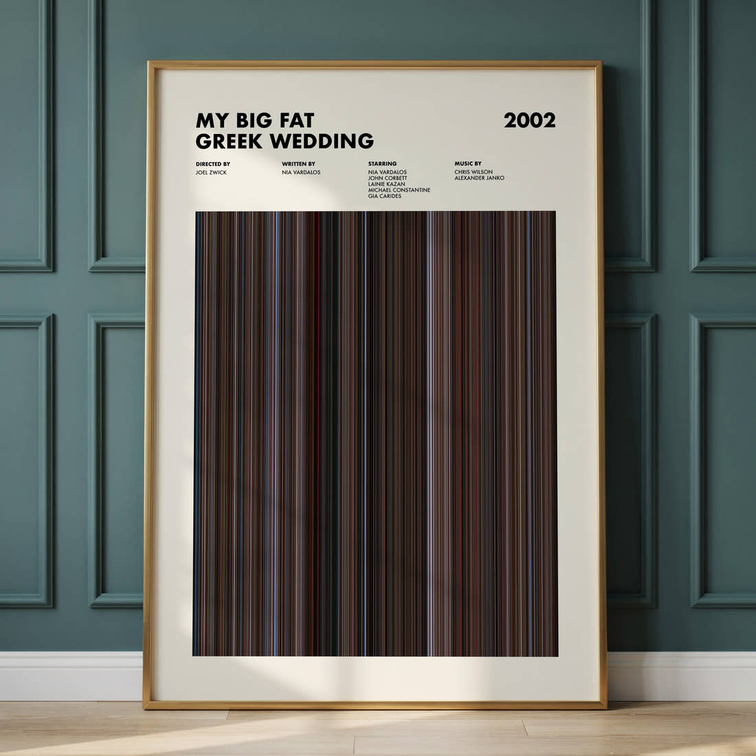 My Big Fat Greek Wedding Movie Barcode Poster framed and leaning against a panelled wall