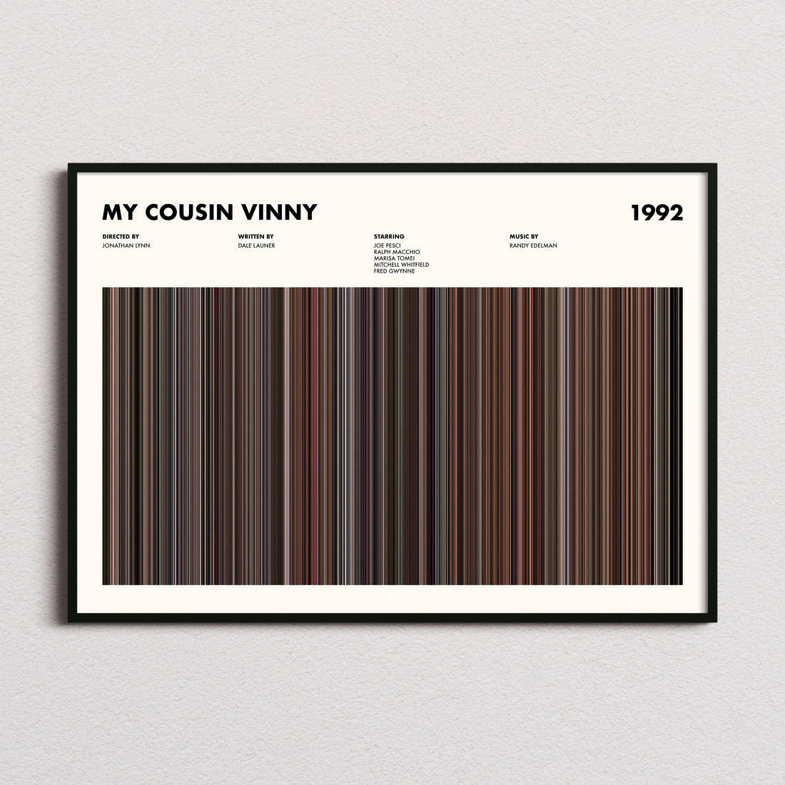 My Cousin Vinny Movie Barcode Poster framed and photographed straight on