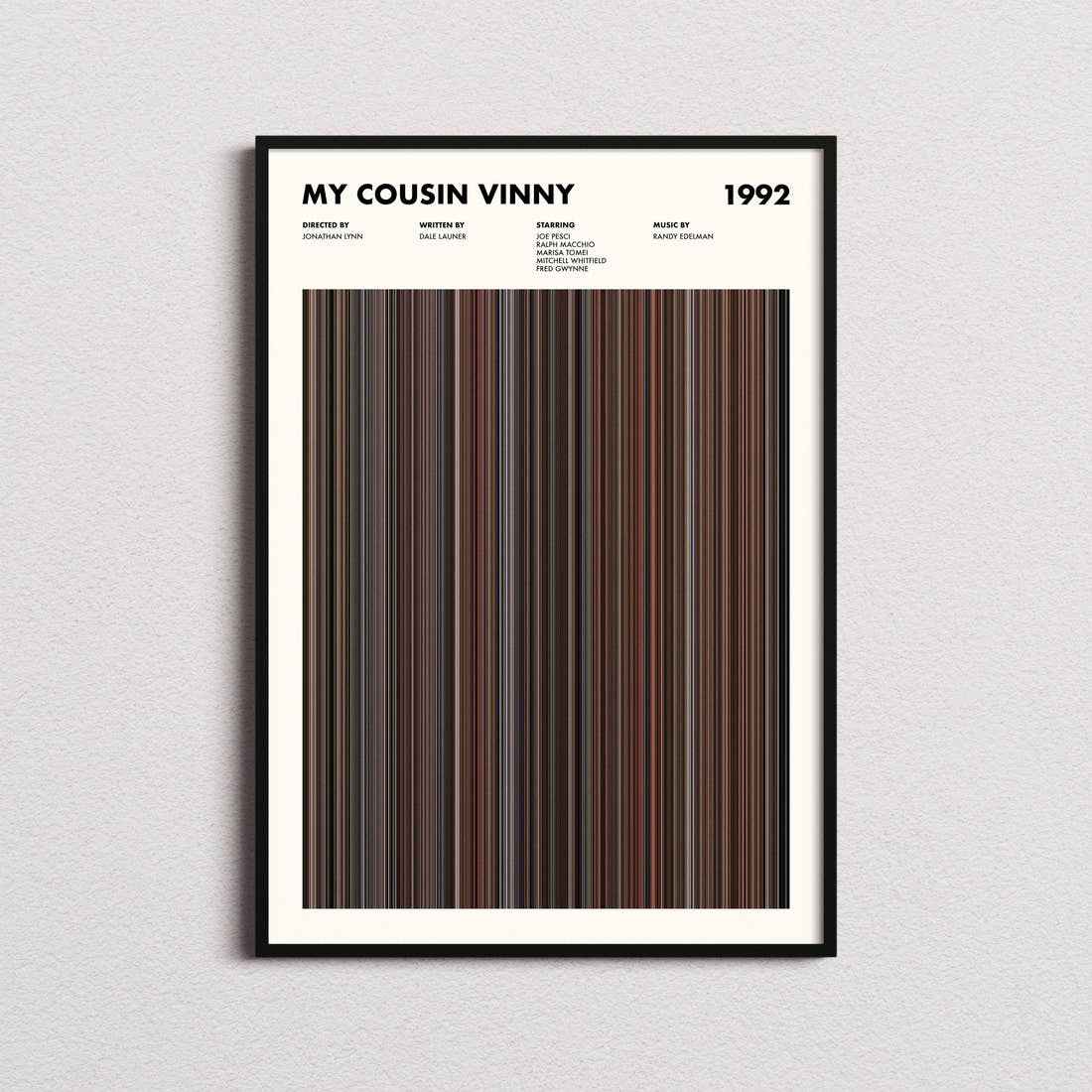 My Cousin Vinny Movie Barcode Poster framed on a plain studio wall