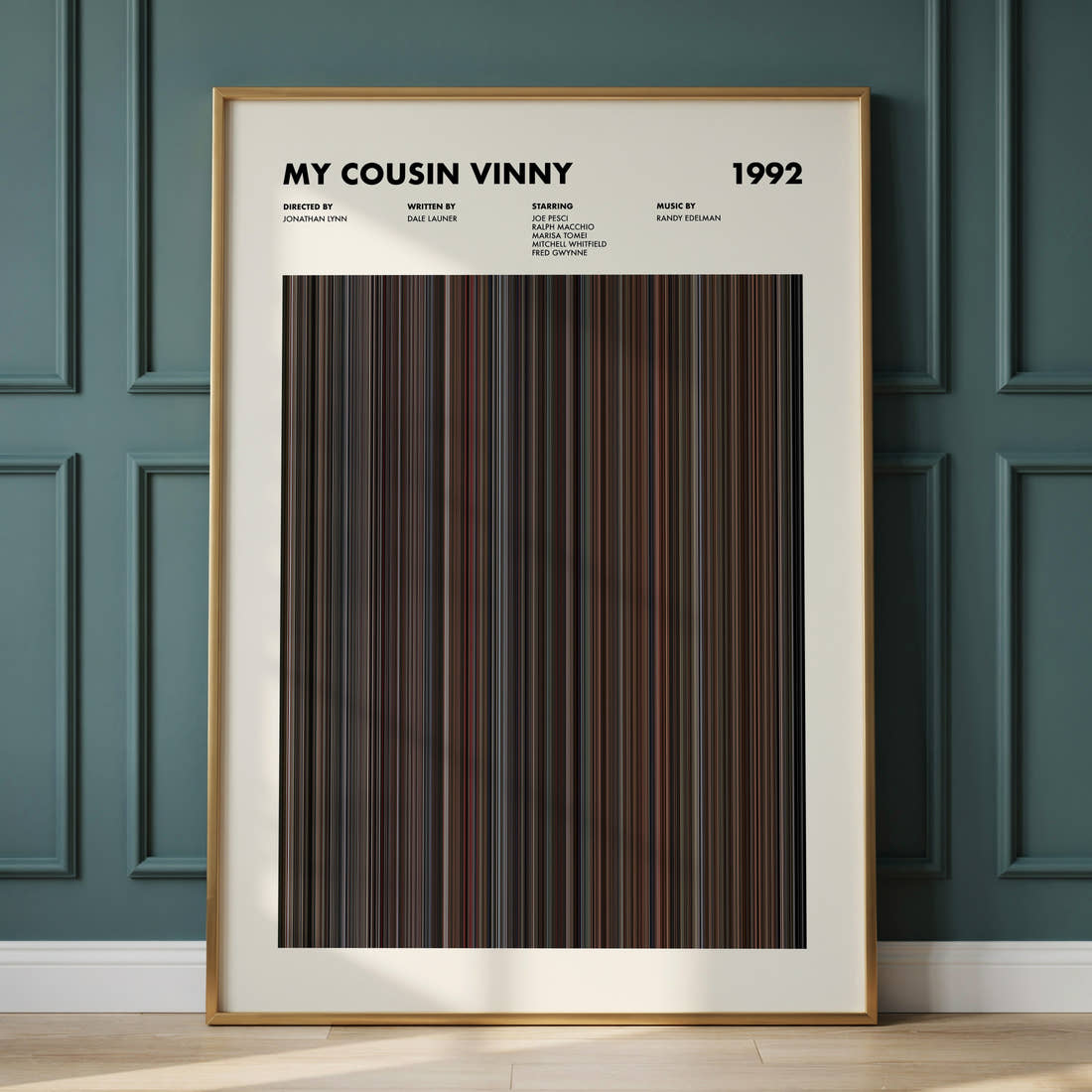 My Cousin Vinny Movie Barcode Poster framed and leaning against a panelled wall