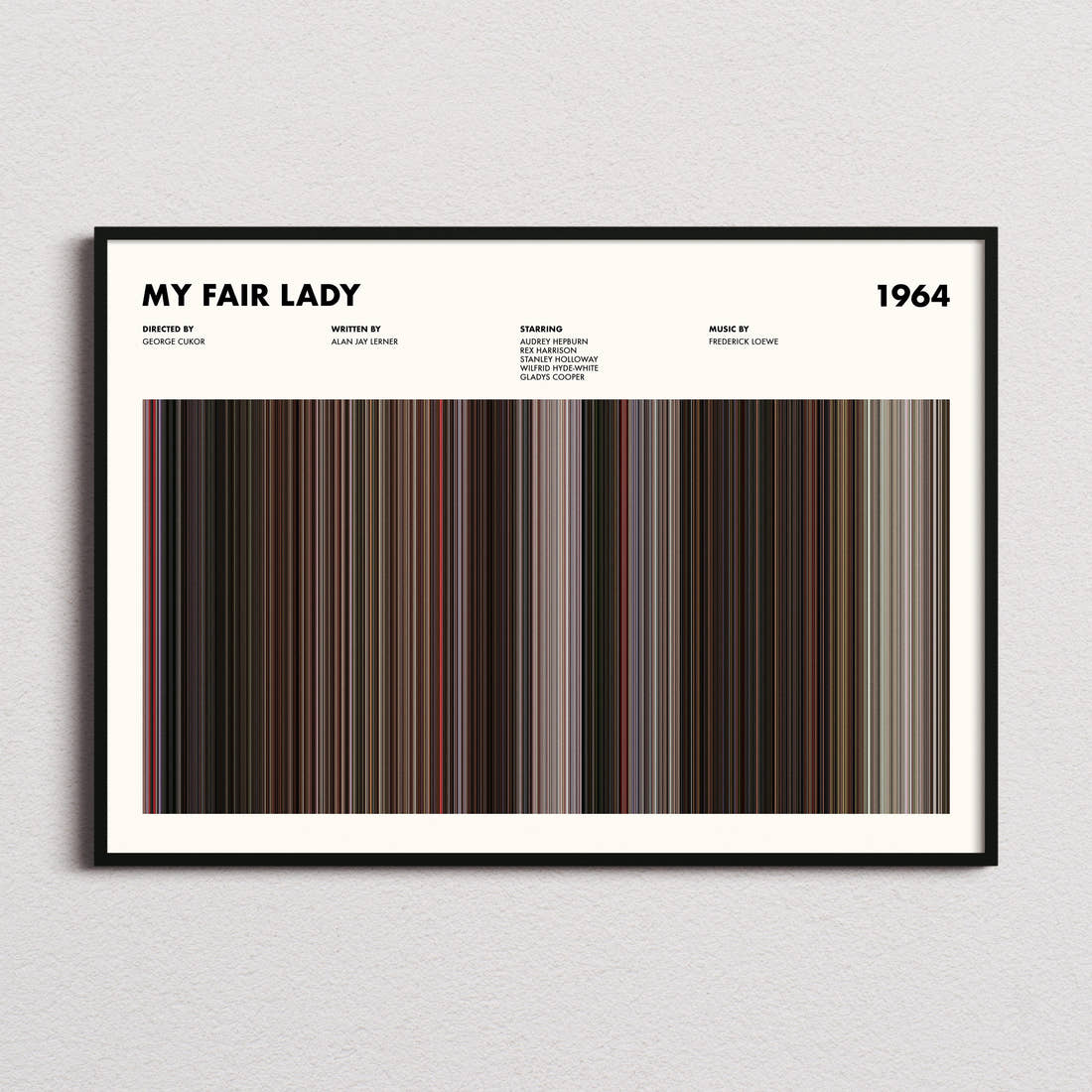 My Fair Lady Movie Barcode Poster framed and photographed straight on