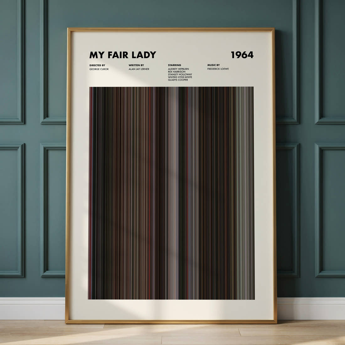 My Fair Lady Movie Barcode Poster framed and leaning against a panelled wall