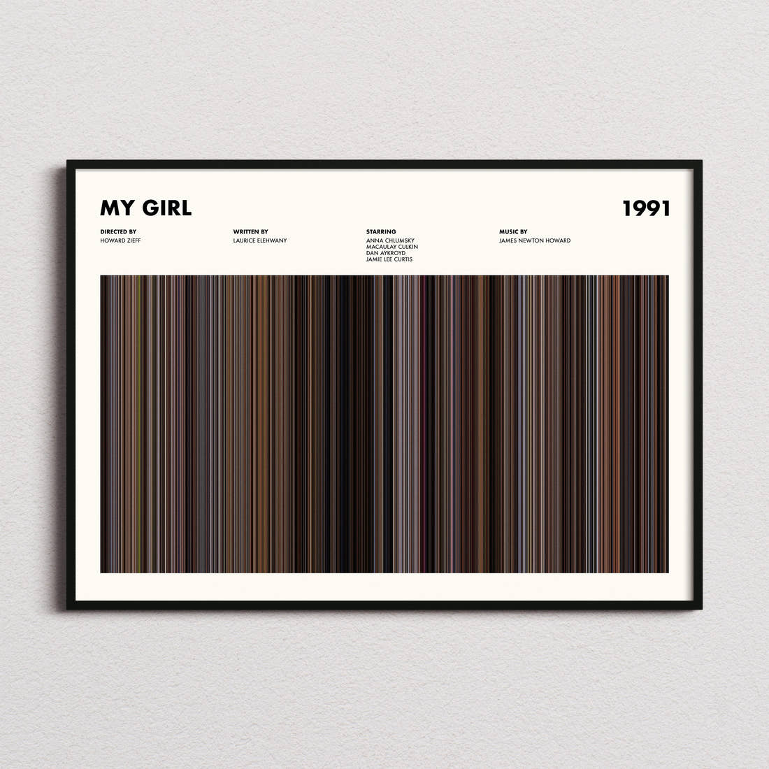 My Girl Movie Barcode Poster framed and photographed straight on