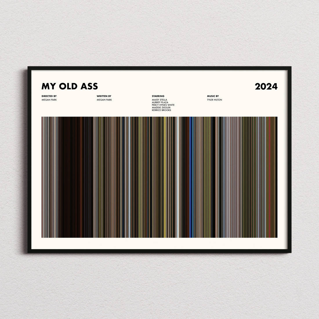 My Old Ass Movie Barcode Poster framed and photographed straight on
