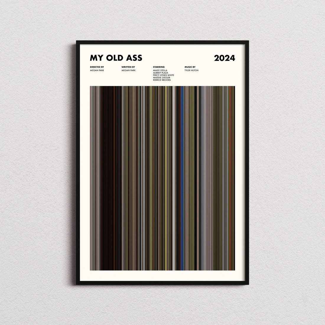 My Old Ass Movie Barcode Poster framed on a plain studio wall