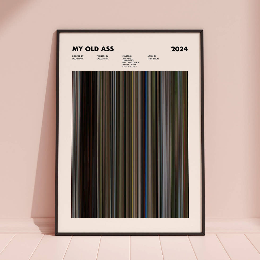 My Old Ass Movie Barcode Poster framed and leaning against a coloured wall
