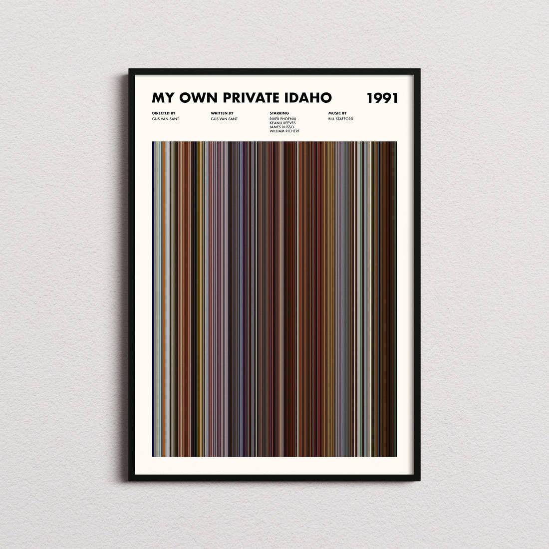 My Own Private Idaho Movie Barcode Poster framed on a plain studio wall