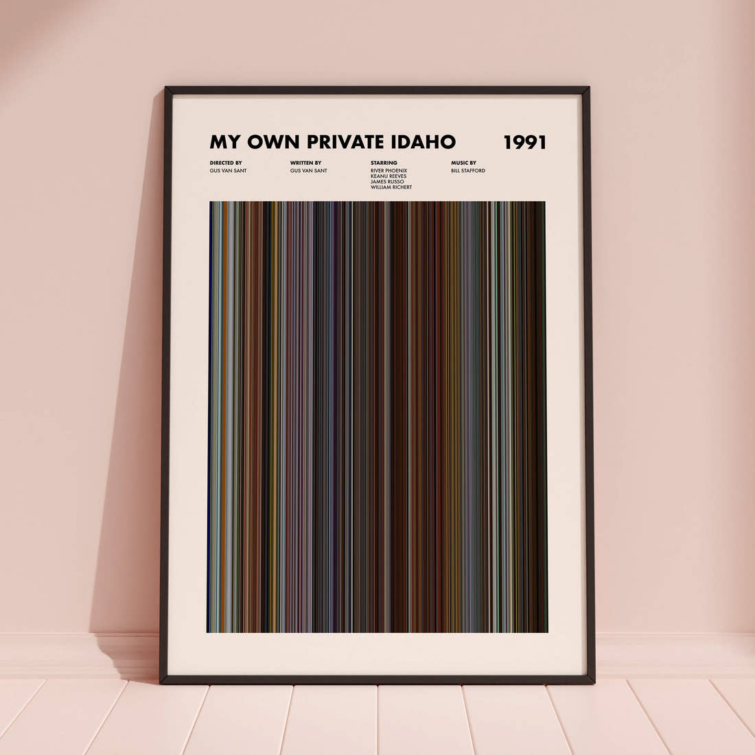 My Own Private Idaho Movie Barcode Poster framed and leaning against a coloured wall