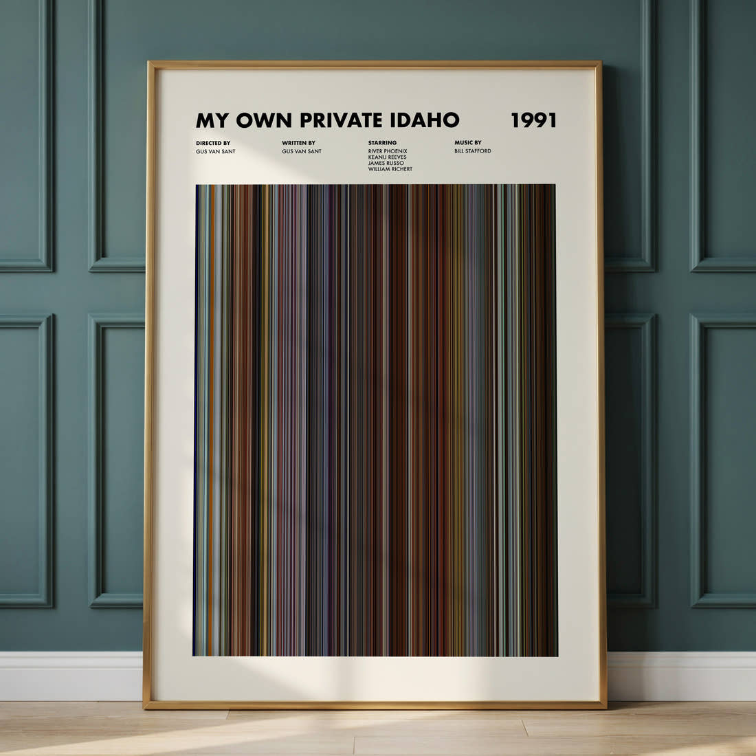 My Own Private Idaho Movie Barcode Poster framed and leaning against a panelled wall