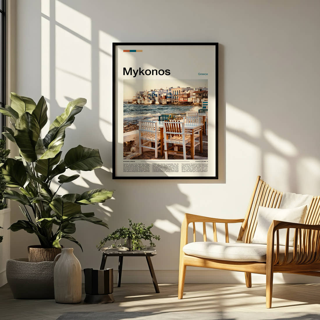 Mykonos Seaside Tables And Chairs Travel Print framed on a pale wall beside houseplants