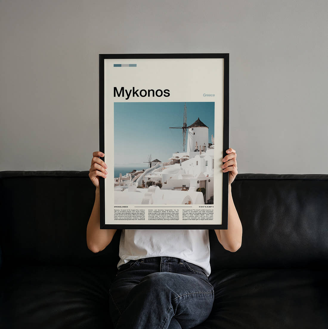 Mykonos Hilltop Windmills Travel Print held up by hand to show the size of the print