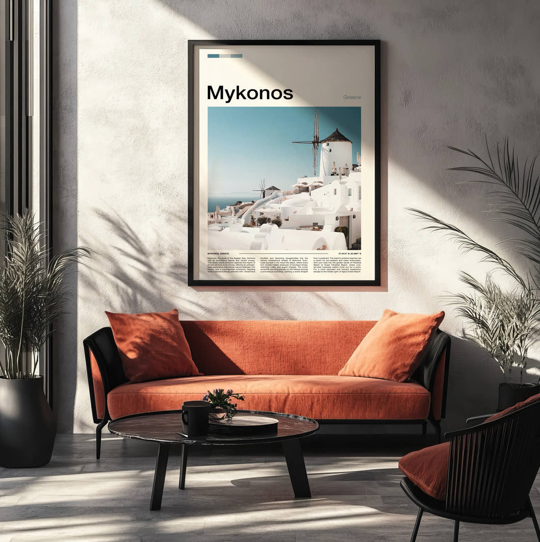 Mykonos Hilltop Windmills Travel Print framed on the wall of a modern living room
