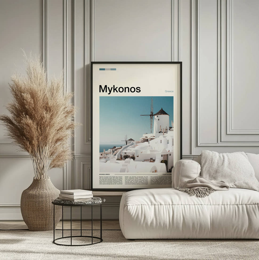 Mykonos Hilltop Windmills Travel Print framed on the wall of a calm, neutral bedroom