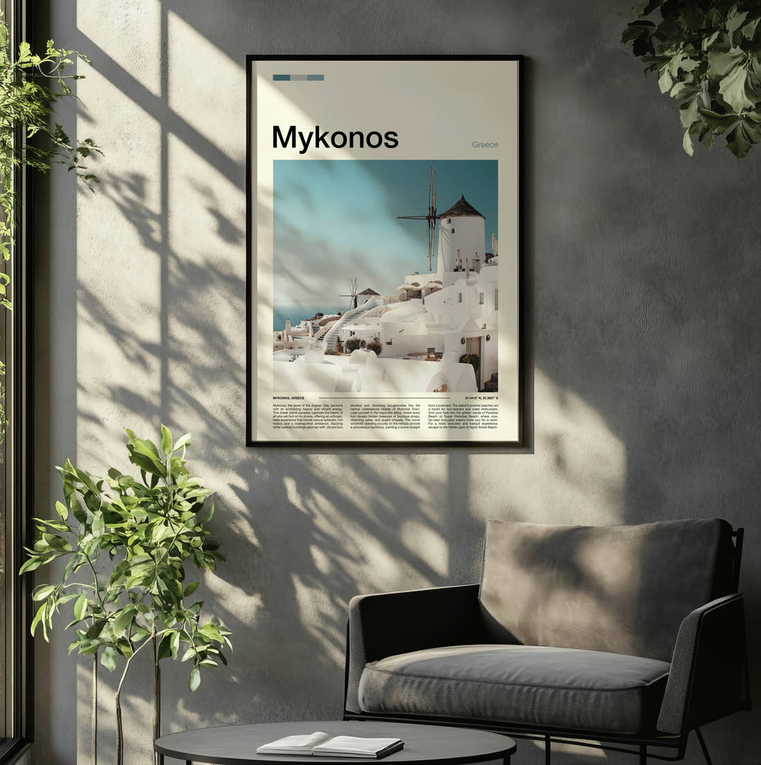 Mykonos Hilltop Windmills Travel Print framed on the wall of a relaxed living room