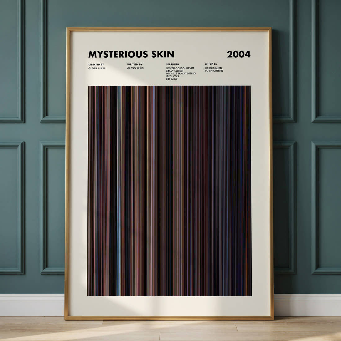 Mysterious Skin Movie Barcode Poster framed and leaning against a panelled wall
