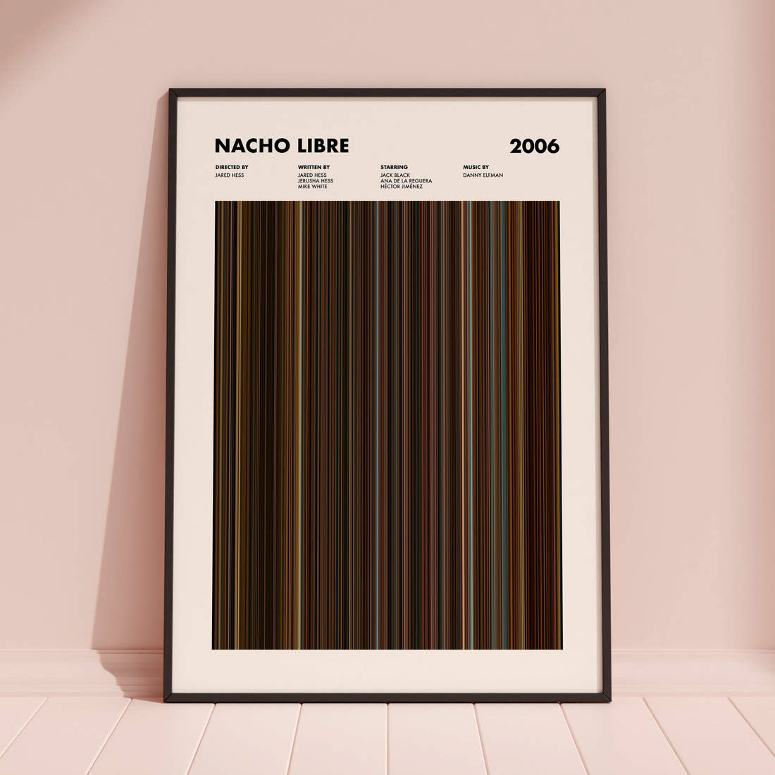 Nacho Libre Movie Barcode Poster framed and leaning against a coloured wall