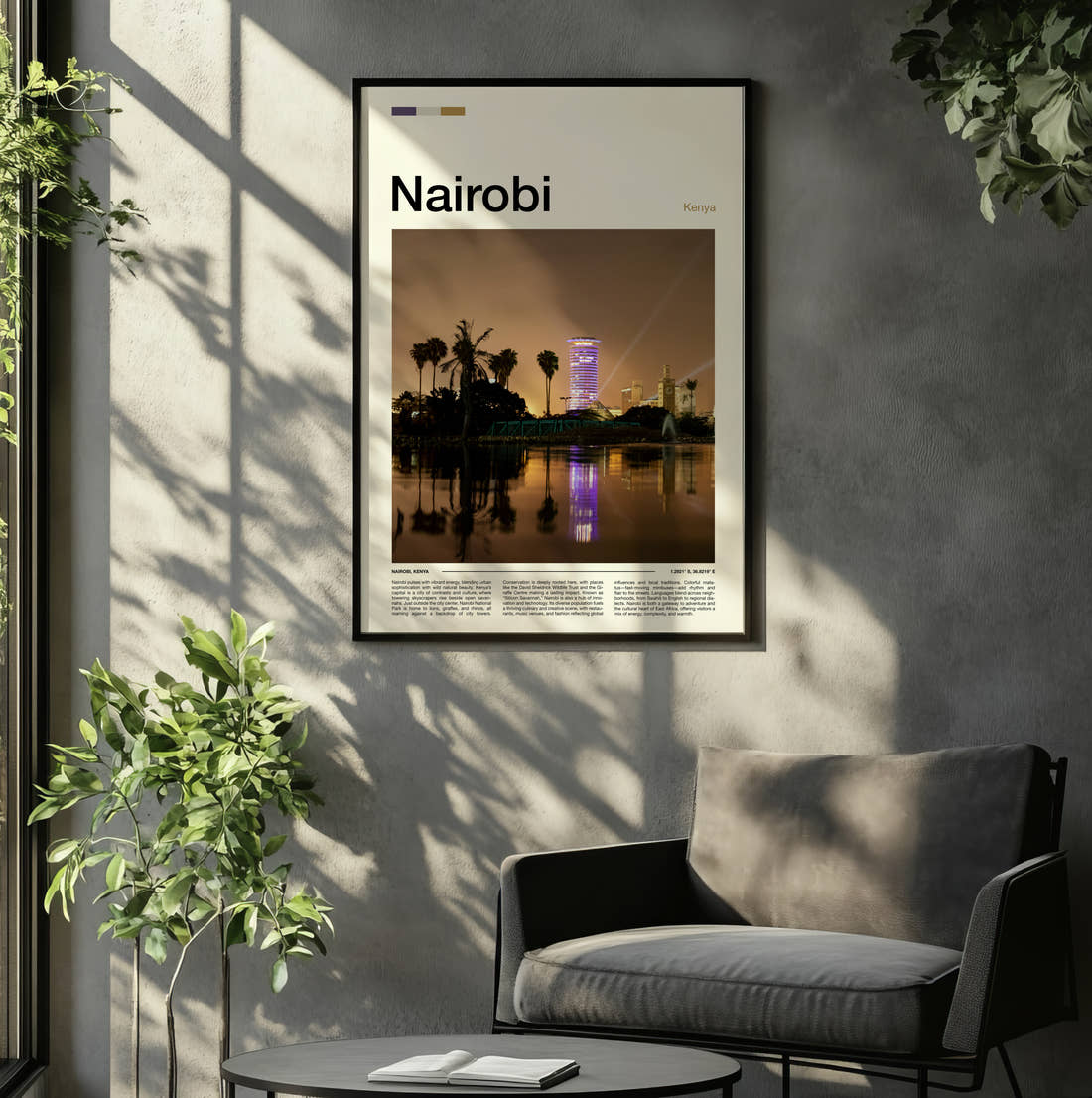 Nairobi Night Skyline Travel Print framed on the wall of a relaxed living room