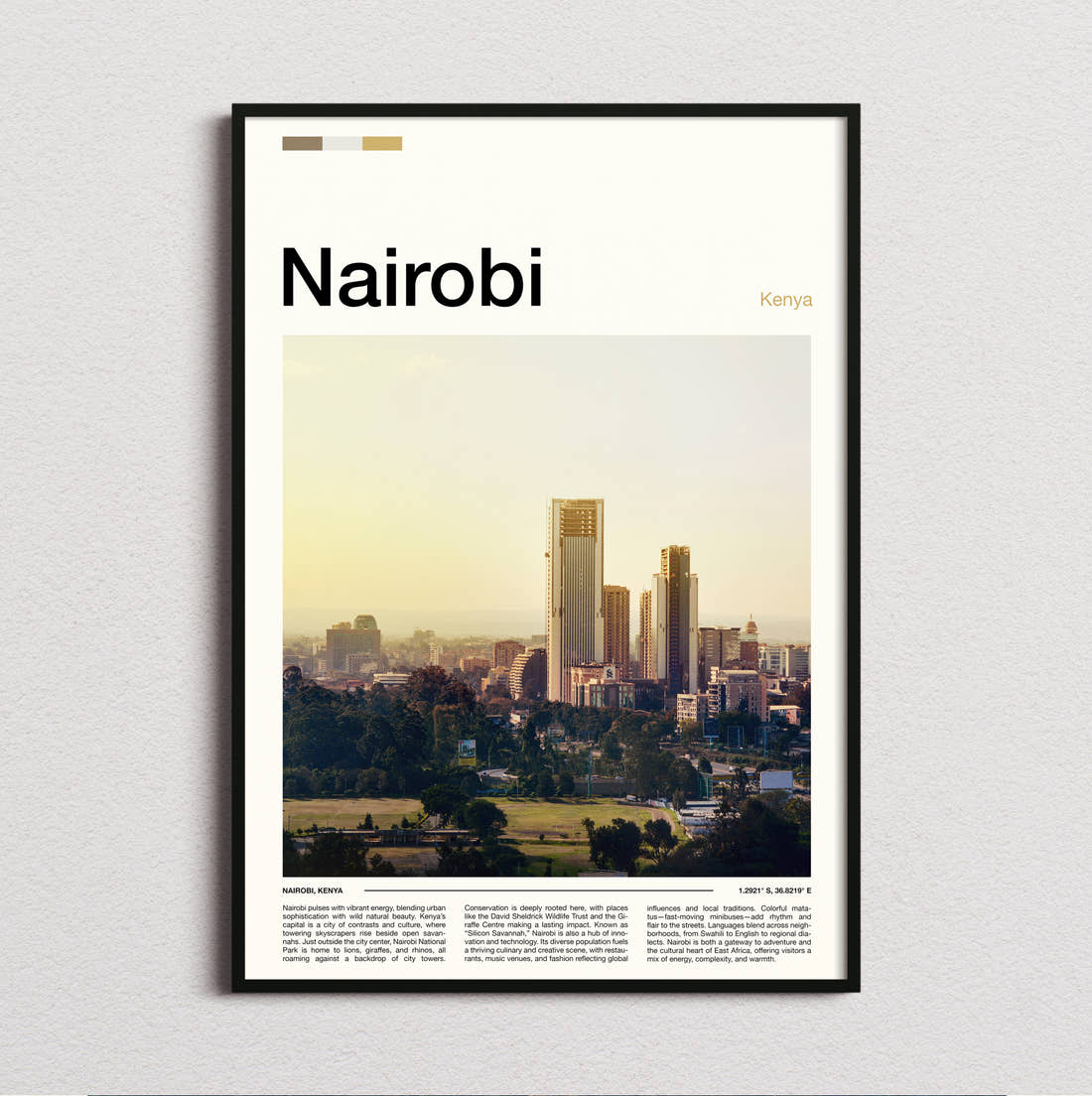 Nairobi City Skyline Travel Print framed and photographed straight on