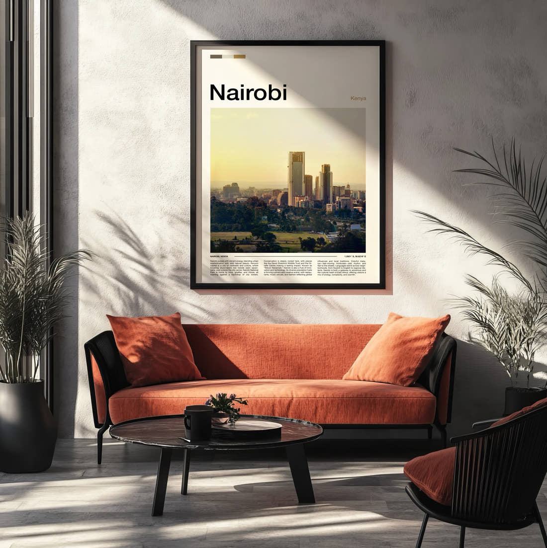 Nairobi City Skyline Travel Print framed on the wall of a modern living room