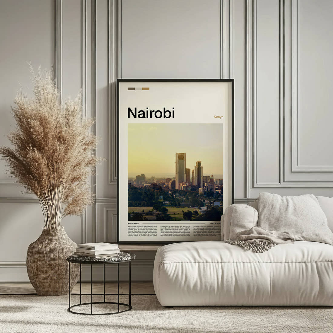 Nairobi City Skyline Travel Print framed on the wall of a calm, neutral bedroom