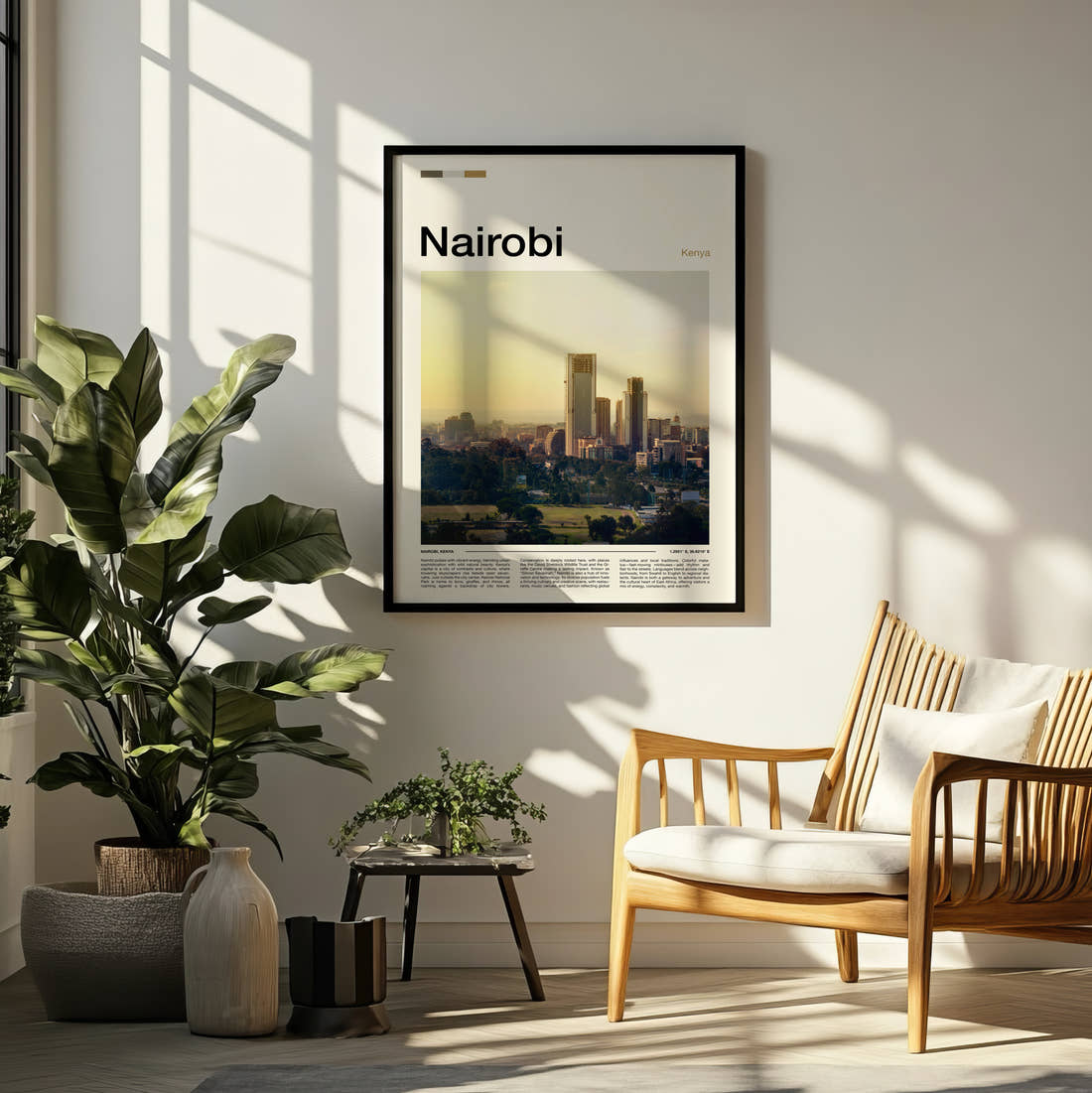 Nairobi City Skyline Travel Print framed on a pale wall beside houseplants