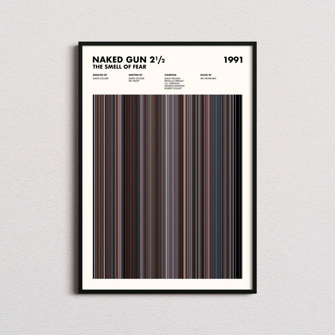 Naked Gun 2½: The Smell of Fear Movie Barcode Poster framed on a plain studio wall