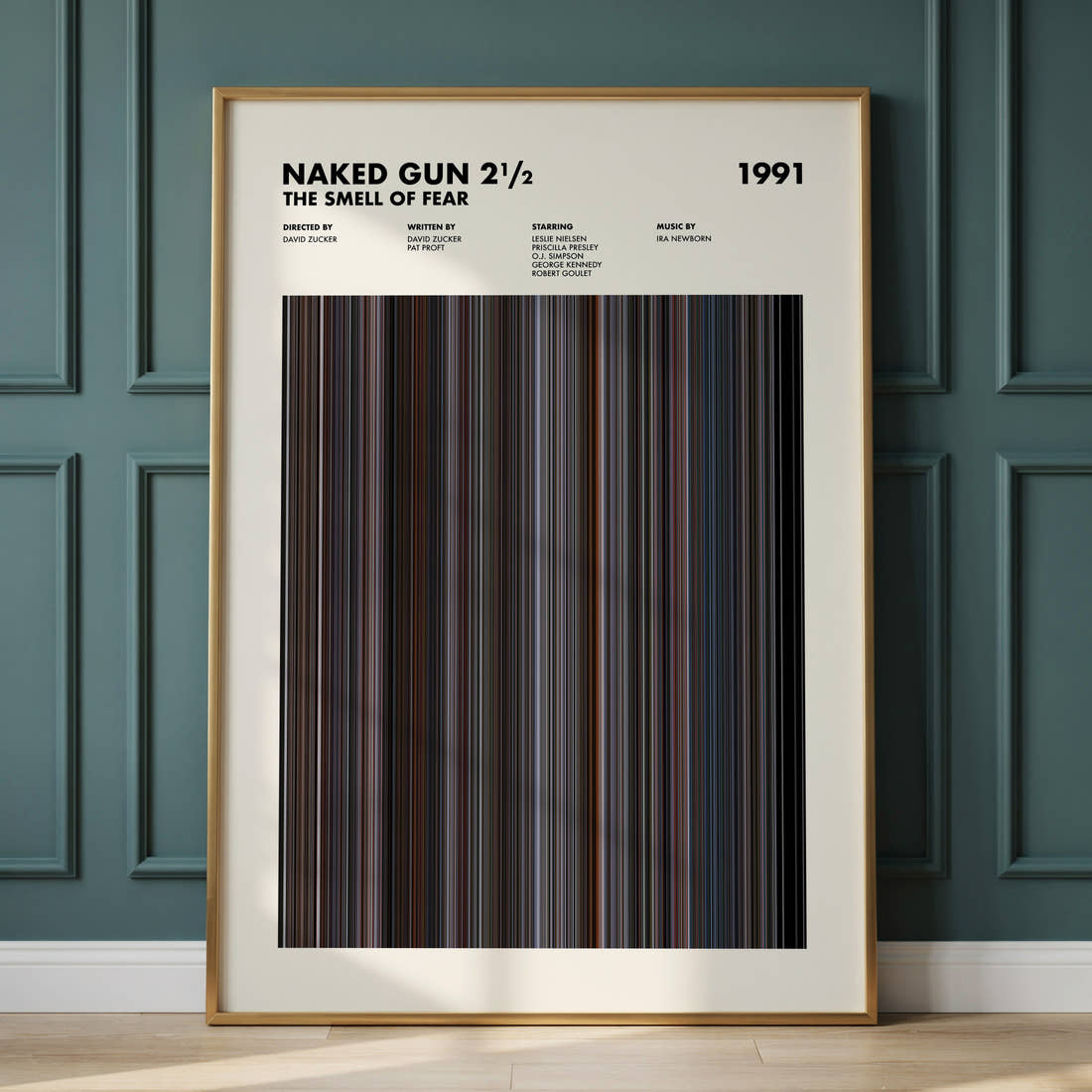 Naked Gun 2½: The Smell of Fear Movie Barcode Poster framed and leaning against a panelled wall