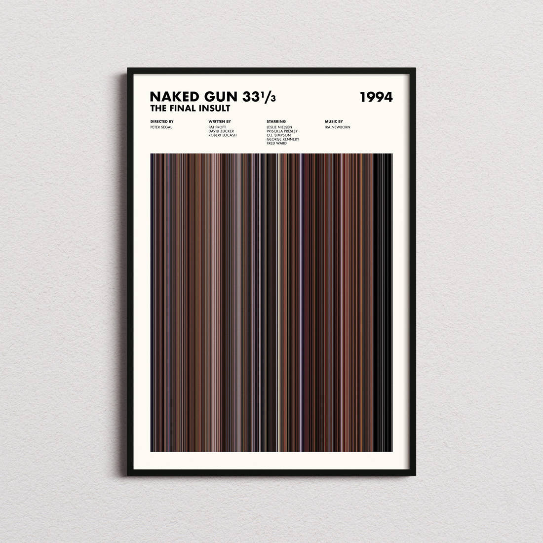 Naked Gun 33⅓: The Final Insult Movie Barcode Poster framed on a plain studio wall