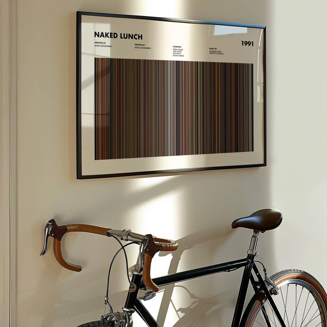 Naked Lunch Movie Barcode Poster framed on the wall of a styled room setting