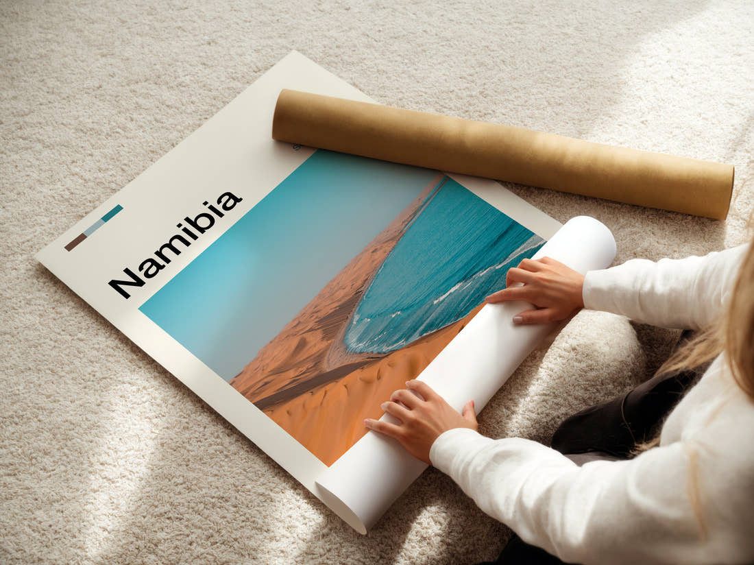 Namibia Dunes Meeting The Sea Travel Print being unrolled from its postal tube