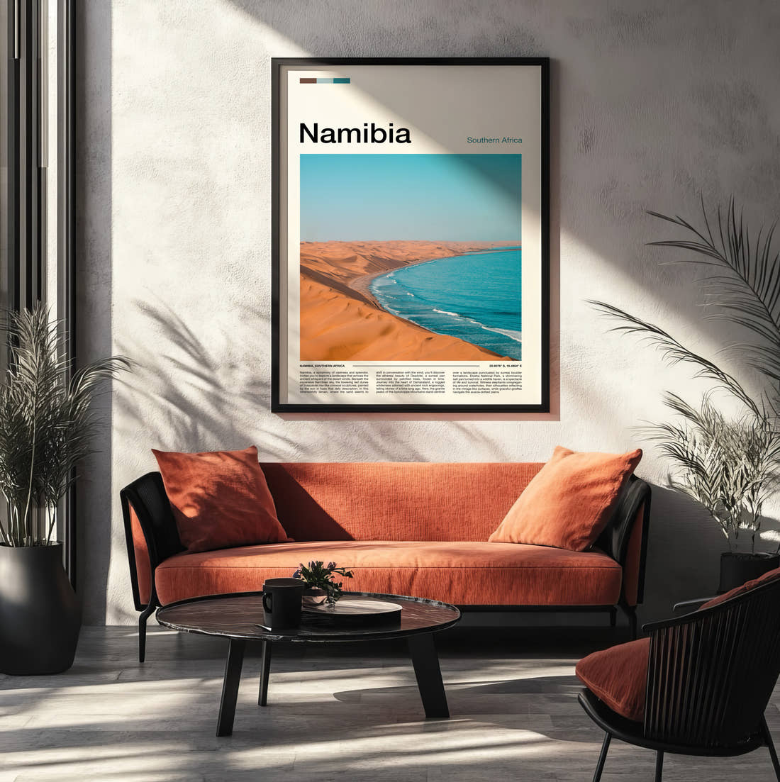 Namibia Dunes Meeting The Sea Travel Print framed on the wall of a modern living room
